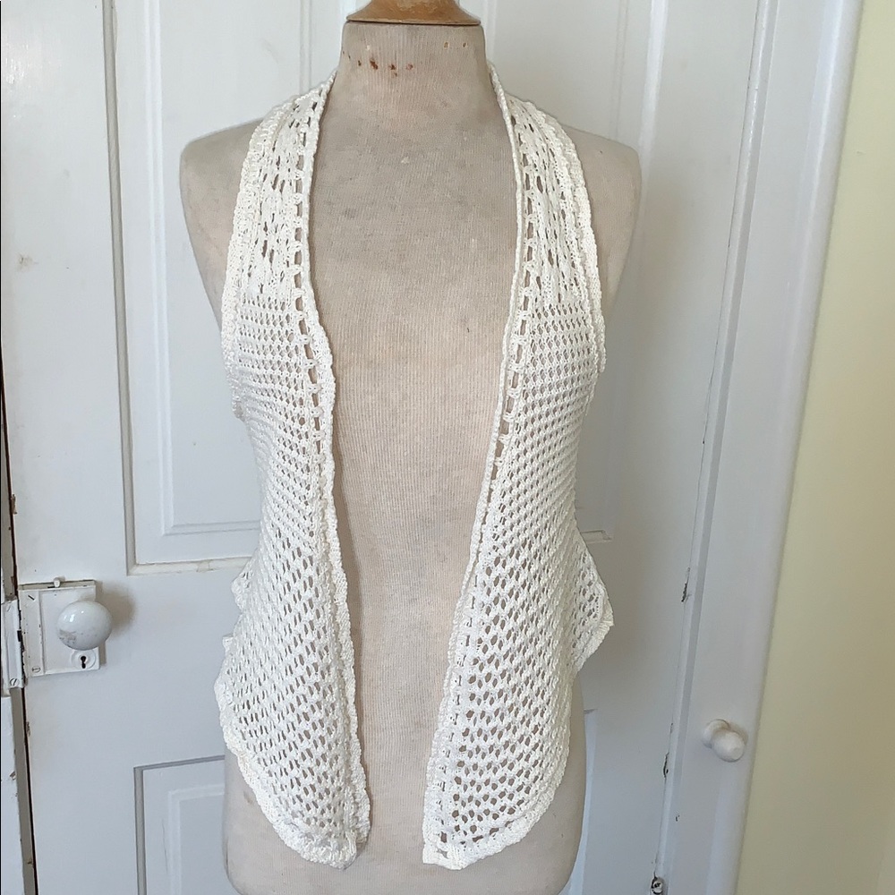 Mudd Hippie Boho Retro Cream Open Front Crochet Knit Festival Vest M